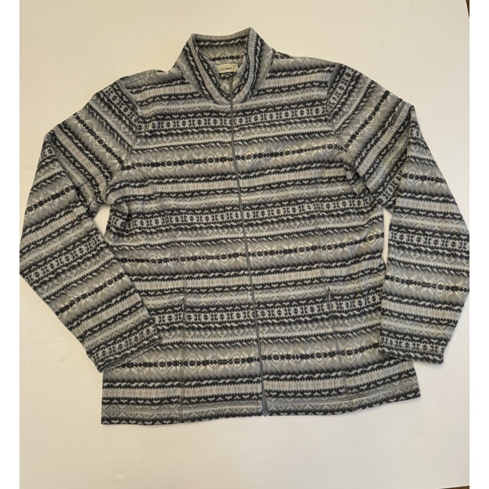 LL Bean Sweater Jacket Womens Large Black White Grey Fleece Full Zip Long Sleeve